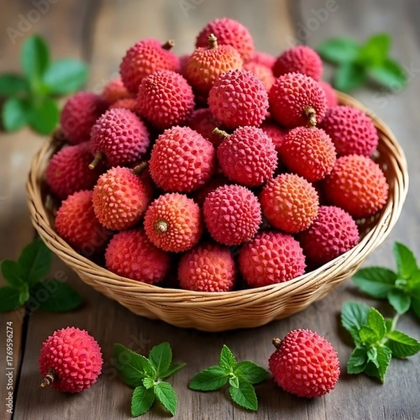 Obraz Wicker basket full of lychees on wooden surface with fresh mint