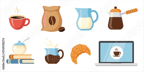 Obraz Flat coffee icons set with cup, moka pot, croissant, and breakfast elements for cozy design.