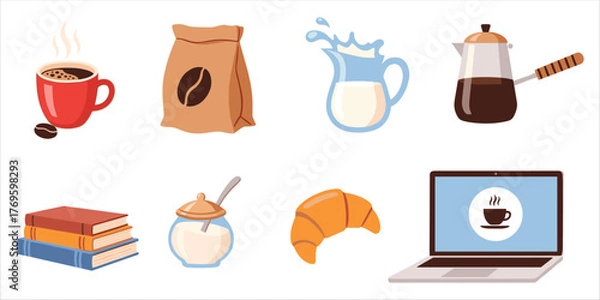 Obraz Flat coffee icons set with cup, moka pot, croissant, and breakfast elements for cozy design.