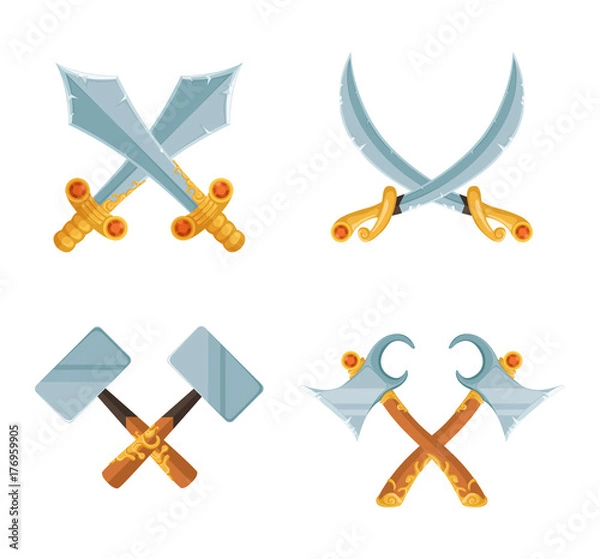 Fototapeta Vector set of cartoon game design crossed sword and axe weapons isolated on white background