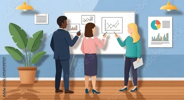 Fototapeta Diverse team of professionals collaborating on a business strategy, presenting data and charts on a whiteboard