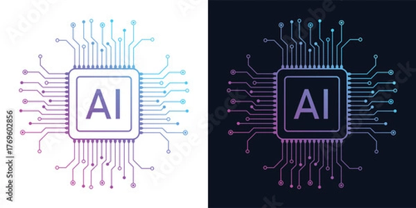 Fototapeta Artificial Intelligence AI Chip in Human Brain. Artificial Intelligence icon with Machine learning, digital skills, generative AI, AI technology, algorithm, virtual intelligence and future
