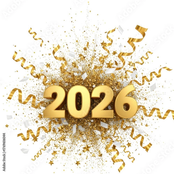 Fototapeta New Year's Eve 2026: An eye-catching design features the upcoming year with golden numerical details, accentuated by streamers and confetti, symbolizing celebration, progress, and optimism. 