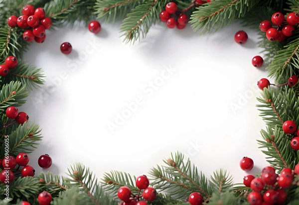 Fototapeta Christmas Fir Branches and Red Berries Border Frame Festive Holiday Season White Background for Text Overlay