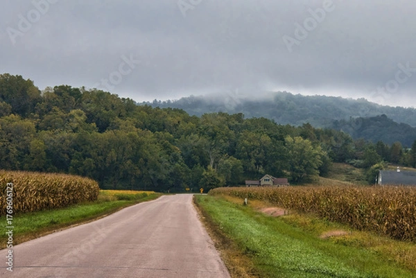 Obraz Early Autumn landscape of a road passing through rolling hills in Wisconsin’s Driftless Area near Trempealeau, Wisconsin.