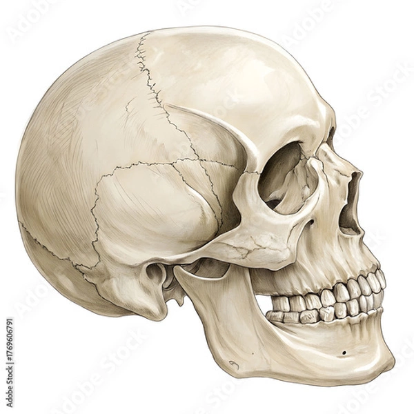 Fototapeta Detailed illustration of human skull view isolated on white background, showing bone structure for medical