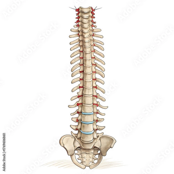 Fototapeta Detailed illustration of human spine isolated on white background, showing vertebral anatomy and structure for medical