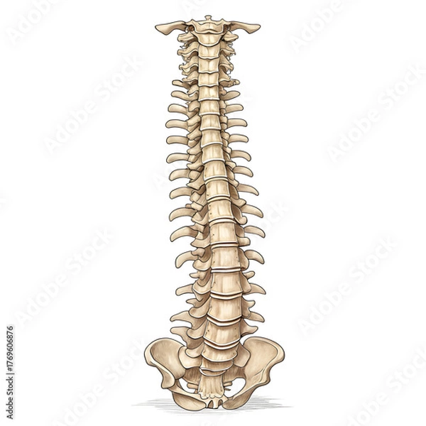 Fototapeta Detailed illustration of human spine isolated on white background, showing vertebral anatomy and structure for medical