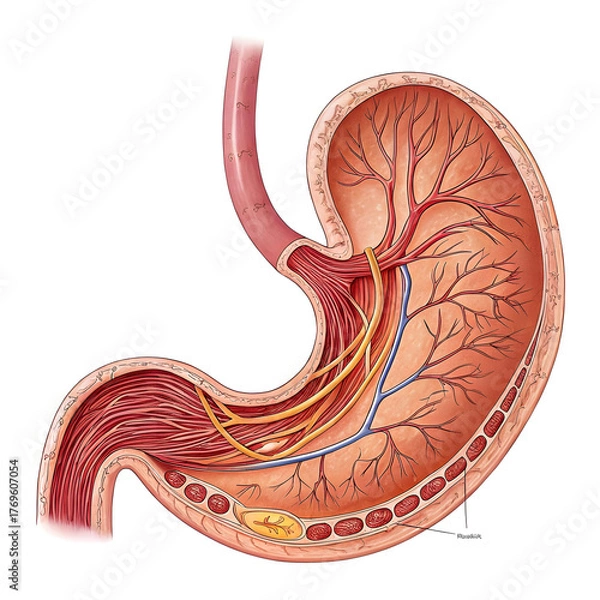 Fototapeta Detailed illustration of human stomach isolated on white background, showing internal anatomy and structure for
