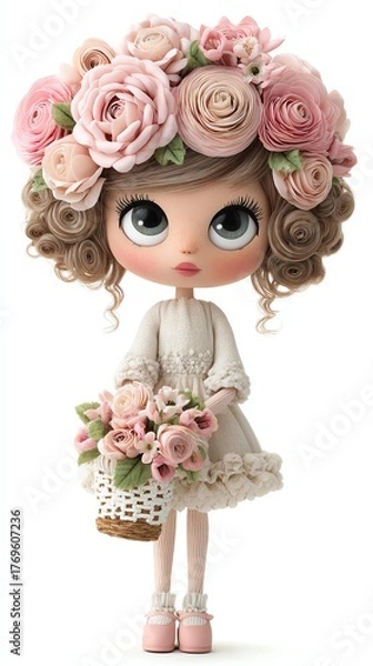 Fototapeta Flower-Crowned Enchantment: A doll, adorned with a crown of flowers and a basket, invites you into a world of delicate charm and innocent joy. It's a portrayal of elegance and beauty.