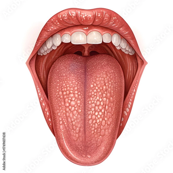 Fototapeta Detailed illustration of human tongue isolated on white background, showing muscular structure and surface anatomy for medical