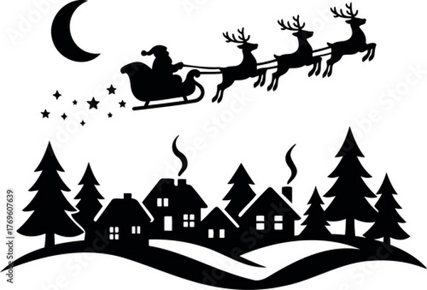 Fototapeta Vector silhouette of santa in sleigh with reindeer flying over a village under a crescent moon