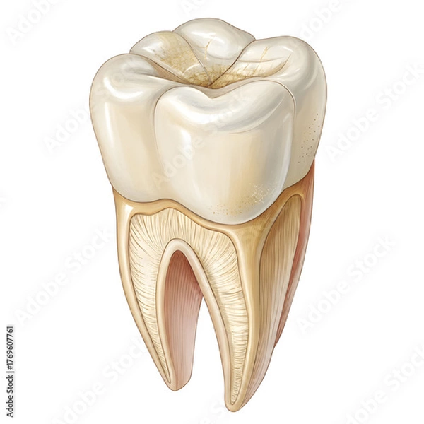 Fototapeta Detailed illustration of a single human molar tooth isolated on white background, showing structure for dental, medical