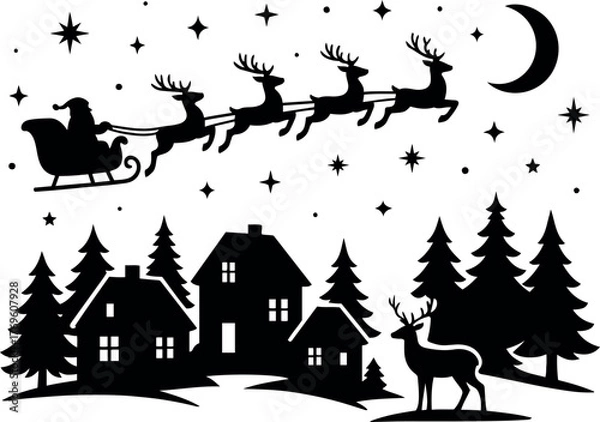 Fototapeta Vector silhouette of santa in sleigh with reindeer flying over houses and trees at night sky