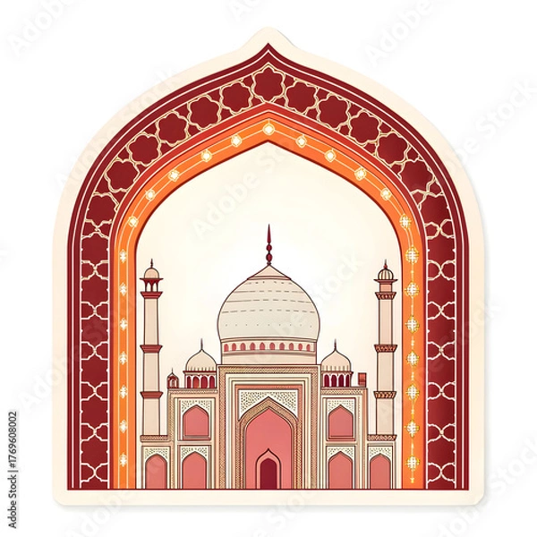 Fototapeta Islamic arch with glowing outline in sticker style, symbolizing tradition, culture, and spirituality, isolated on a clean