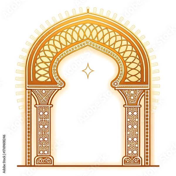 Fototapeta Islamic arch with glowing outline in sticker style, symbolizing tradition, culture, and spirituality, isolated on a clean