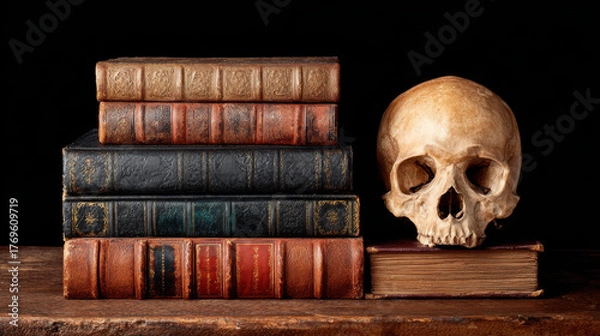 Fototapeta Macabre still life of human skull and old antique books on wooden table. dark, mysterious scene representing death, knowledge, and mortality
