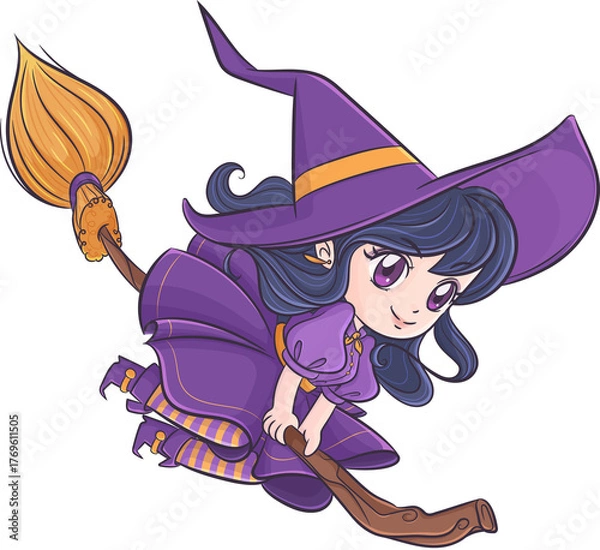 Fototapeta Witch flying on a broomstick