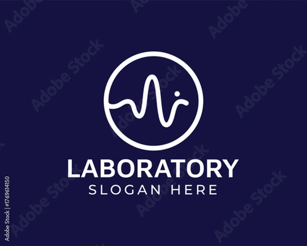 Fototapeta Laboratory logo design featuring a heartbeat symbol, ideal for businesses in the medical, healthcare, or scientific fields isolated on dark blue background