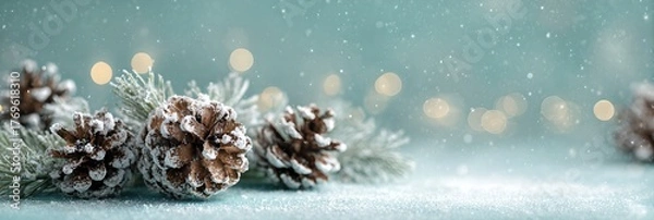 Obraz Winter Scene With Snow-Covered Pine Cones and Festive Lights in a Serene Setting