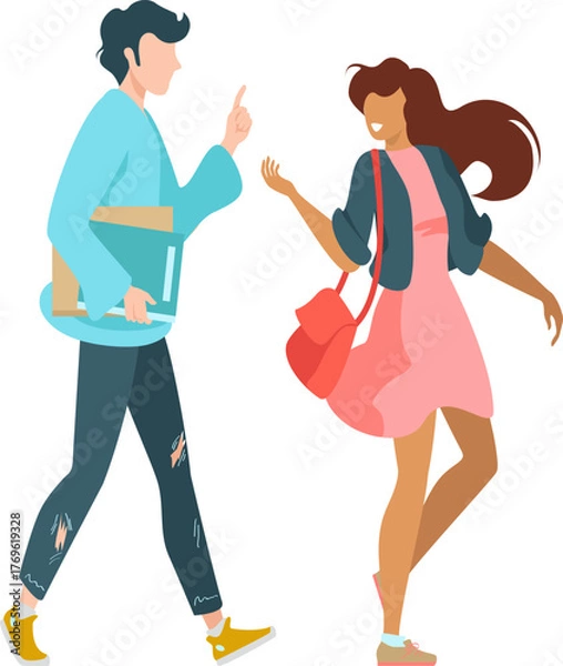 Fototapeta A young man and woman walk together, engaging in a friendly discussion, showcasing the excitement of social interactions in a vibrant, youthful atmosphere.