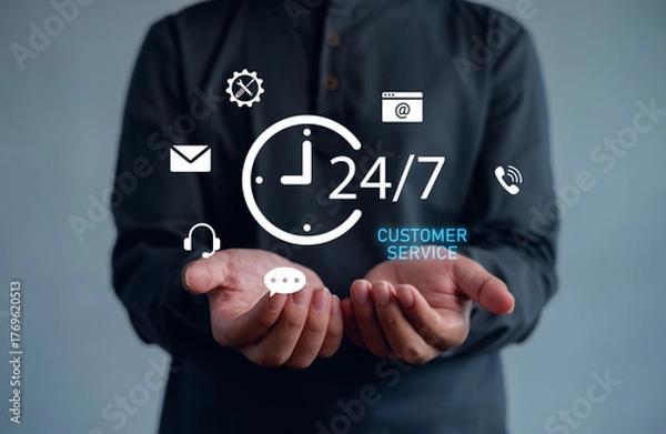 Fototapeta 24-7 customer service concept with business person holding digital communication icons. Representing online support, helpdesk, call center, and technology assistance for clients anytime.