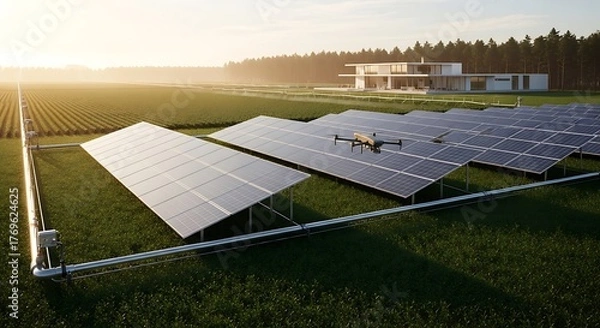 Obraz Solar Panel Array in Field with Modern House at Sunrise.