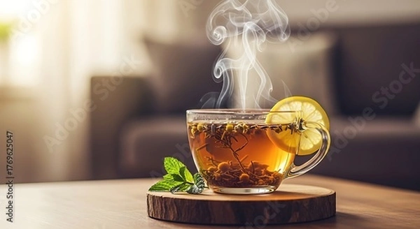 Obraz Steaming Cup of Tea with Lemon and Mint on Wooden Coaster.