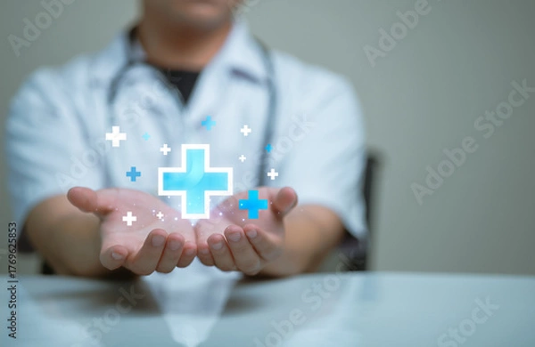 Obraz Healthcare Professional Offering Help, healthcare medical icon. Health insurance health concept, consulting support and healthcare advice. Kindness, counseling and medical therapy.