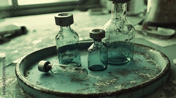 Fototapeta Empty Broken Glass Vials and Ampoules Scattered on a Surface