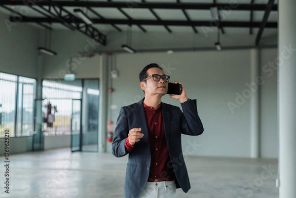 Fototapeta Asian businessman making a phone call while inspecting an empty warehouse or office building for potential relocation or investment