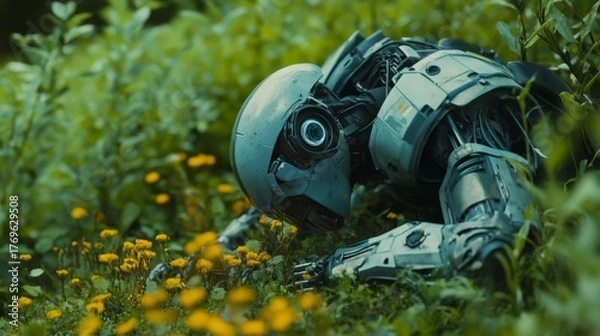 Fototapeta A robotic figure examining nature in a lush environment. The blend of technology and nature evokes deep thoughts. Observe the harmony between metal and flora. Generative AI.