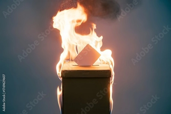 Fototapeta burning voting ballot box. Democracy crisis