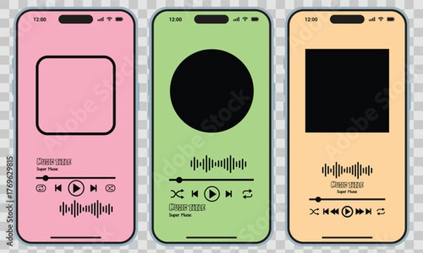 Fototapeta Three colorful smartphones display music player interfaces with varying shapes and equalizer visualizations against a transparent background