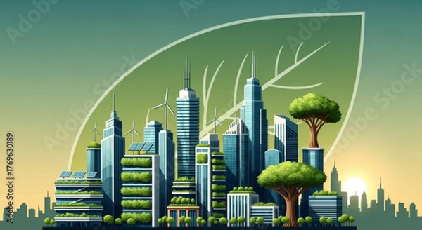 Fototapeta Ecofriendly city with green buildings and renewable energy sources depicted