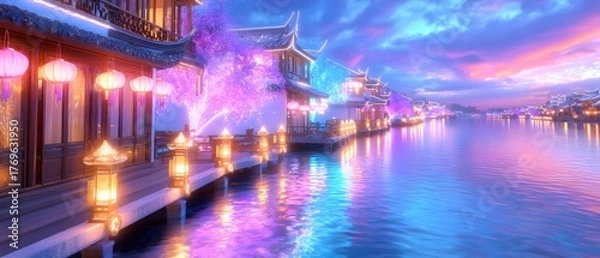 Fototapeta A city street with a river running through it