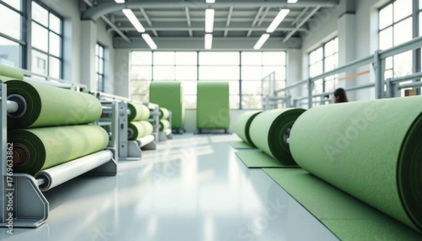 Fototapeta Textile manufacturing showcases rolls of fabric in industrial setting with natural light, showing textile manufacturing in process.