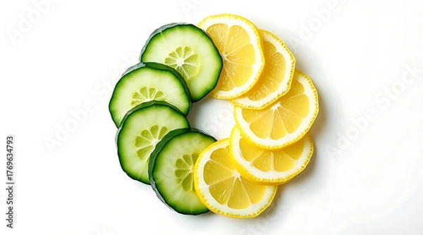 Fototapeta Fresh arrangement of lemon and cucumber slices forms vibrant circular pattern on clean white background, evoking freshness and health