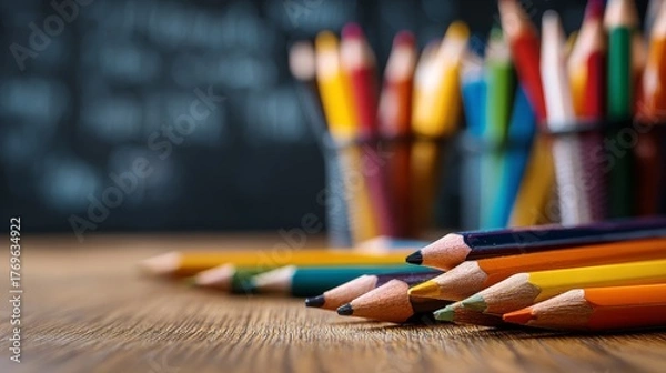 Obraz colored pencils on wooden surface with sharpened tips facing camera in soft-focus classroom setting with containers and chalkboard in background