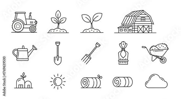 Fototapeta A collection of farm and gardening icons in a simple line art style