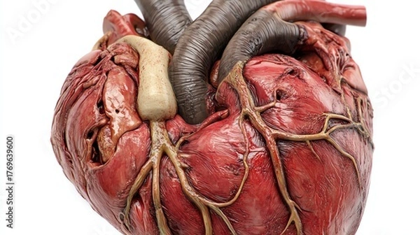 Fototapeta A realistic closeup of a human heart freshly removed, detailed textures of veins and arteries, isolated on a white background