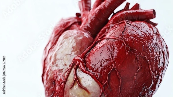 Fototapeta A realistic closeup of a human heart freshly removed, detailed textures of veins and arteries, isolated on a white background