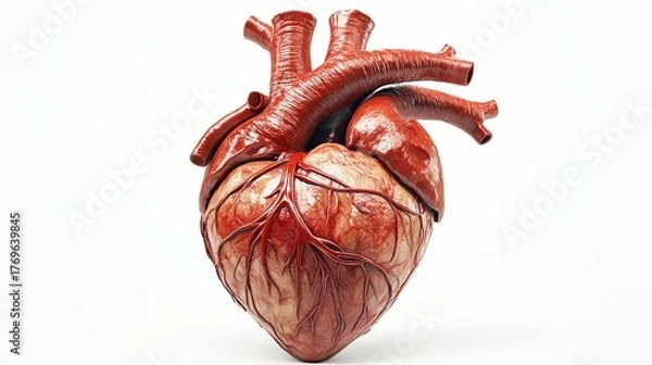 Fototapeta A realistic closeup of a human heart freshly removed, detailed textures of veins and arteries, isolated on a white background