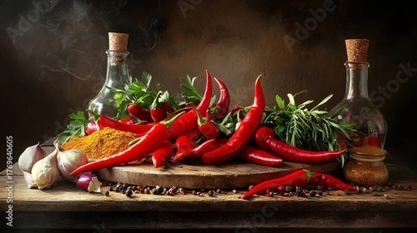 Fototapeta A realistic still life of chili peppers, spices, and herbs arranged on a rustic table, dramatic lighting