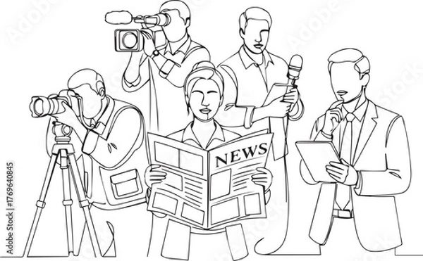 Fototapeta Continuous line drawing of a group of reporters and media crew with cameras and microphones.