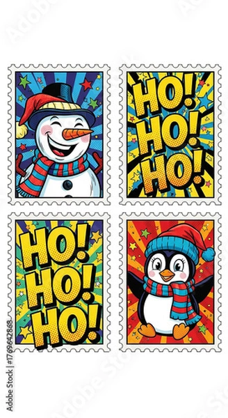 Obraz Pop Art Holiday Stamps with Snowman and Penguin
