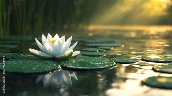 Fototapeta A serene pond with a single blooming lotus flower and round green leaves floating gently