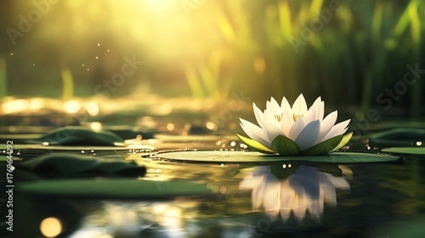 Fototapeta A serene pond with a single blooming lotus flower and round green leaves floating gently