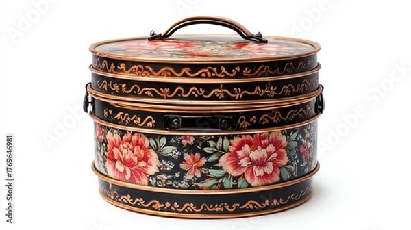 Fototapeta a traditional Thai tiffin carrier with floral enamel pattern, classic food storage, photorealistic detail, isolated on white background
