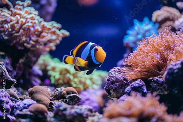 Obraz A clownfish swimming among coral polyps as they capture food